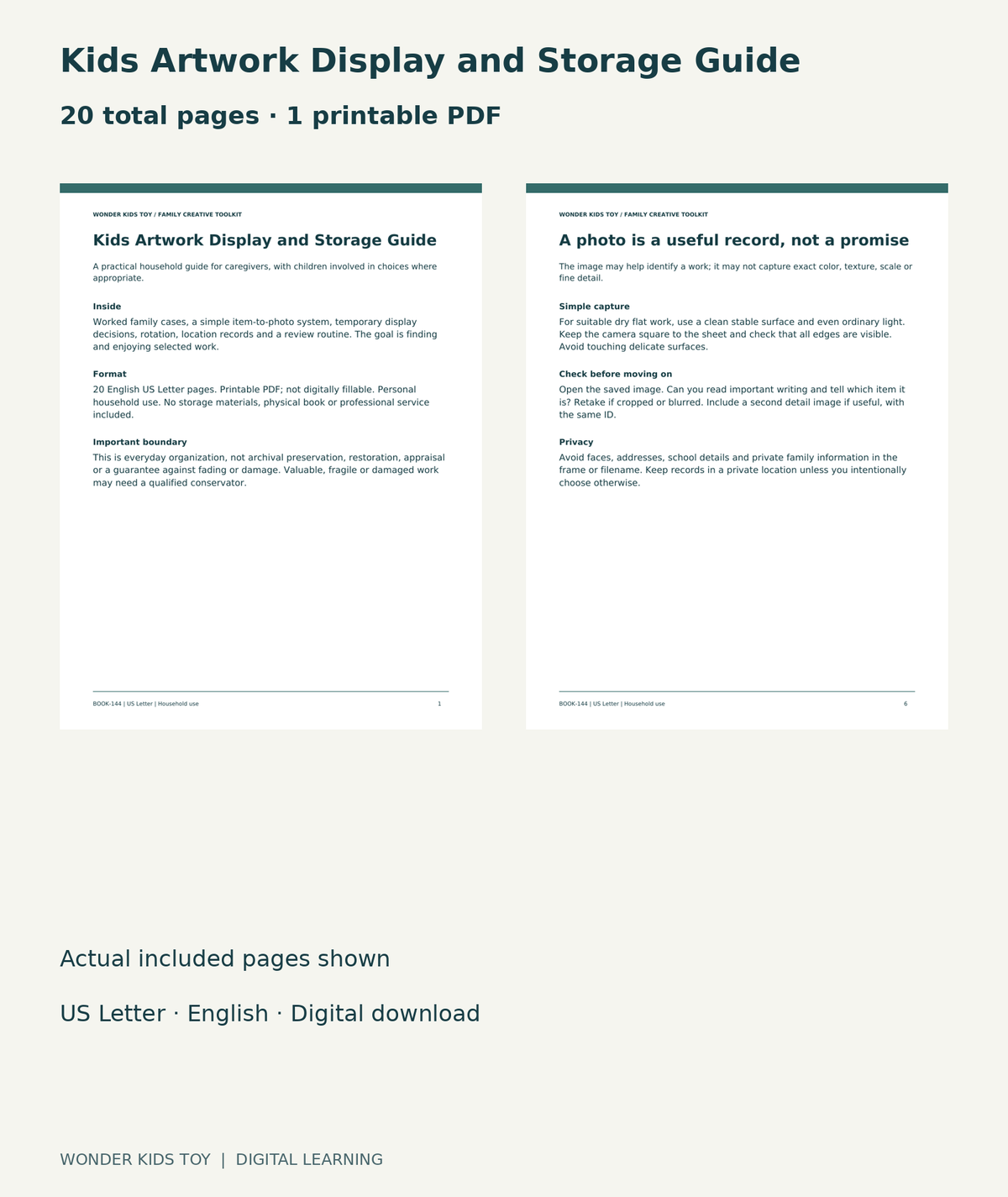 Kids Artwork Display and Storage Guide: actual included PDF cover and page 6, 20 total pages