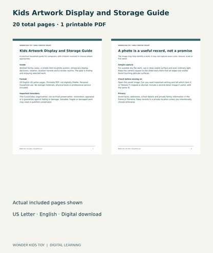 Kids Artwork Display and Storage Guide: actual included PDF cover and page 6, 20 total pages