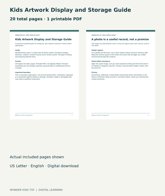 Kids Artwork Display and Storage Guide: actual included PDF cover and page 6, 20 total pages