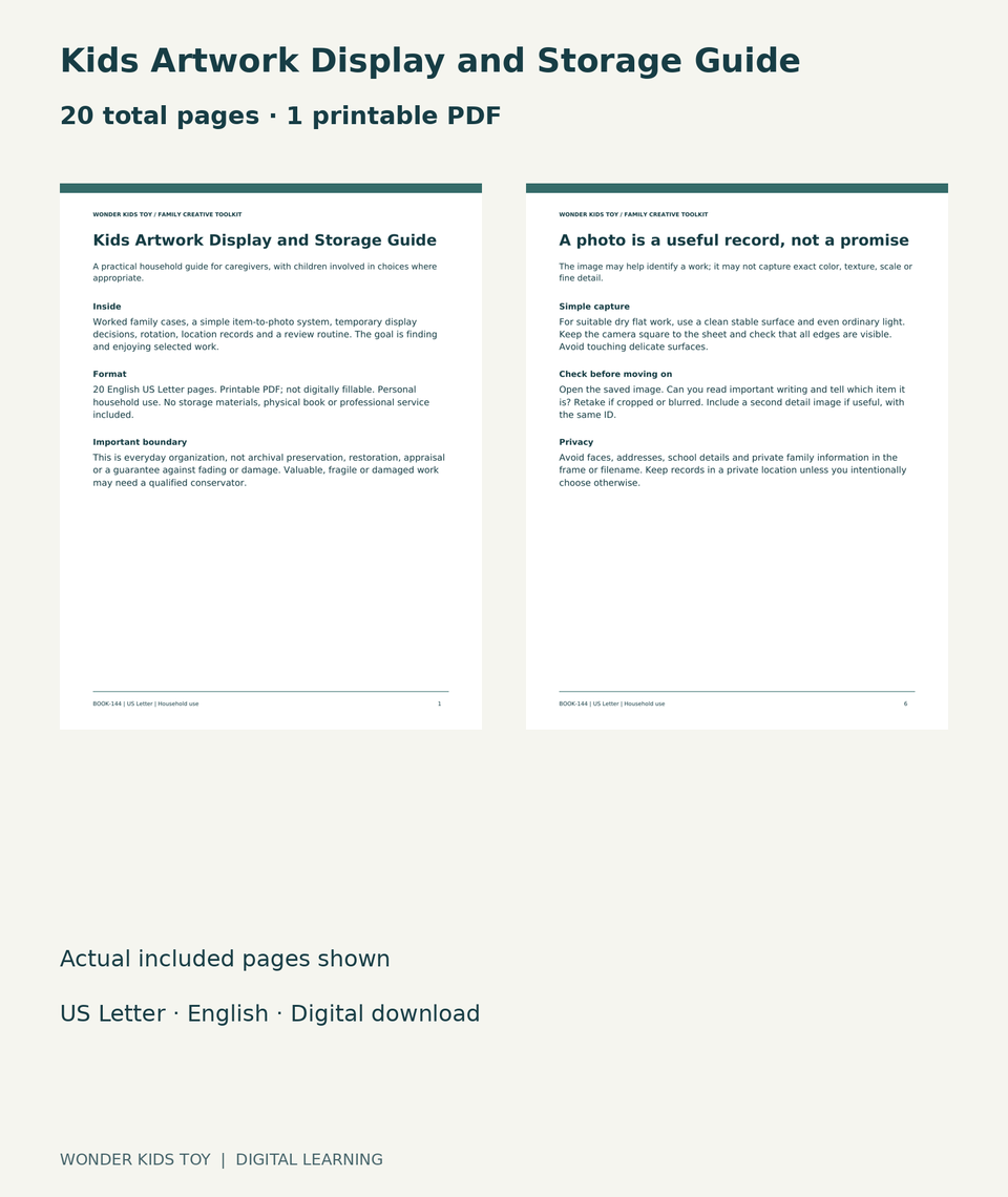 Kids Artwork Display and Storage Guide: actual included PDF cover and page 6, 20 total pages