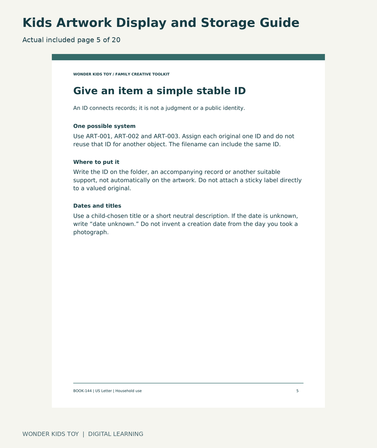 Kids Artwork Display and Storage Guide: actual included PDF page 5 of 20