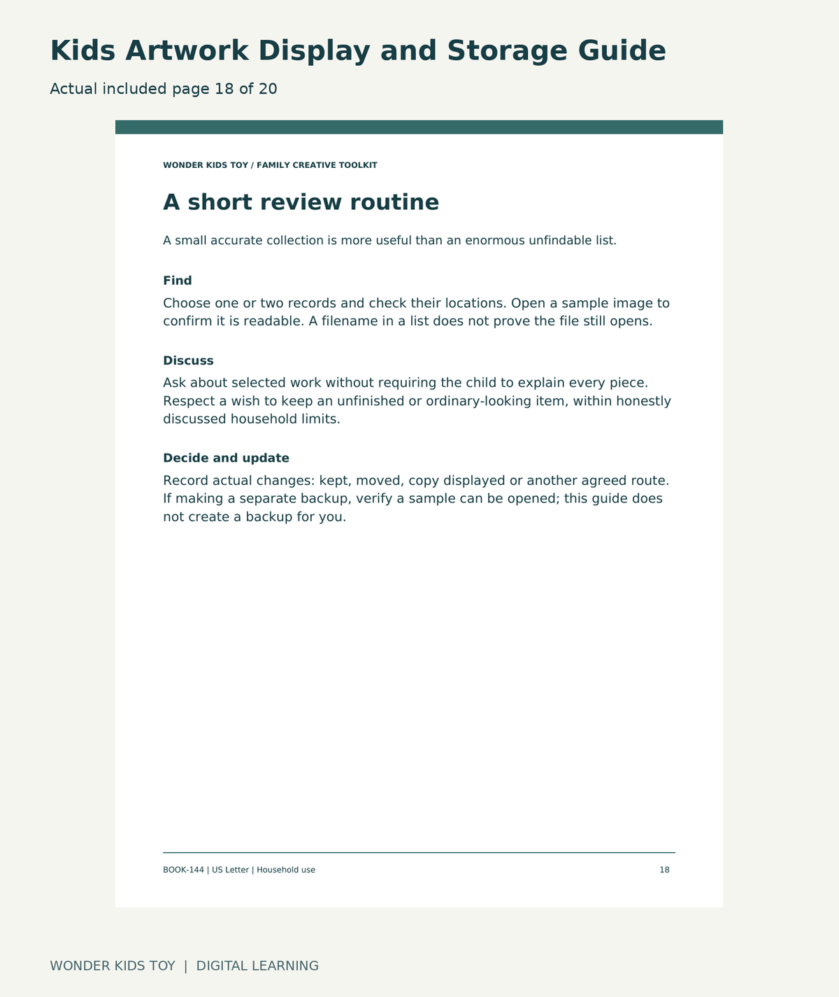 Kids Artwork Display and Storage Guide: actual included PDF page 18 of 20