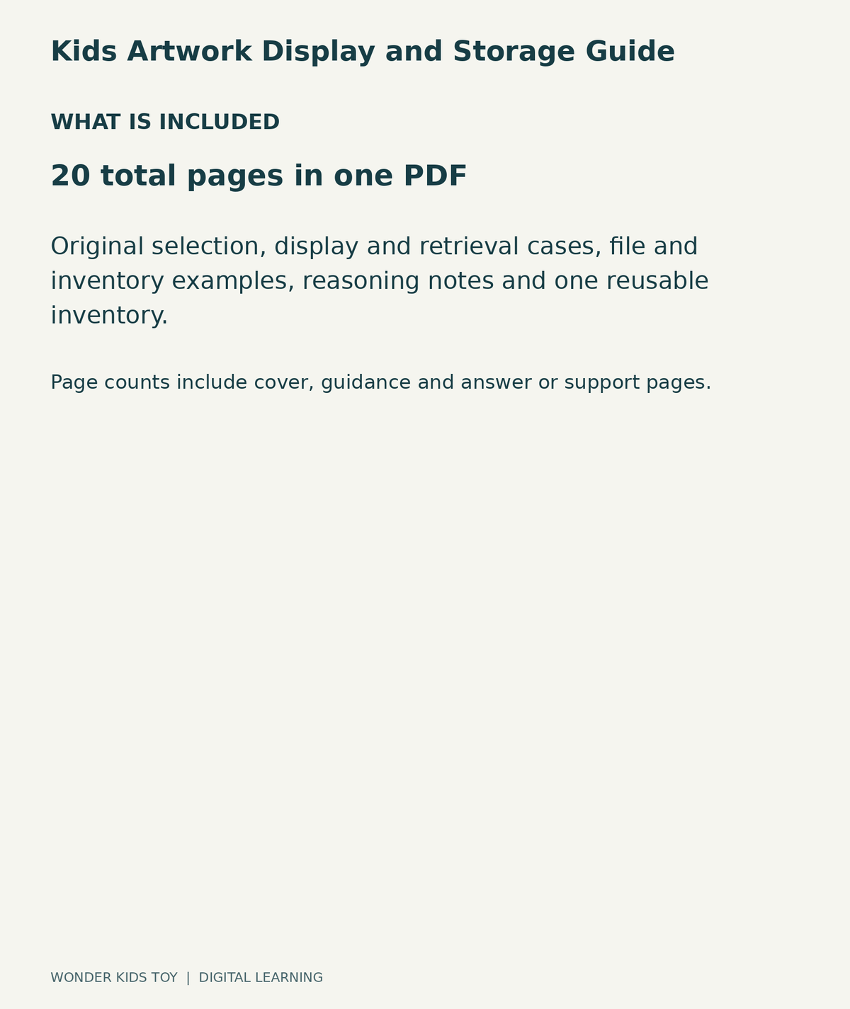 Kids Artwork Display and Storage Guide: contents overview, one PDF with 20 total pages