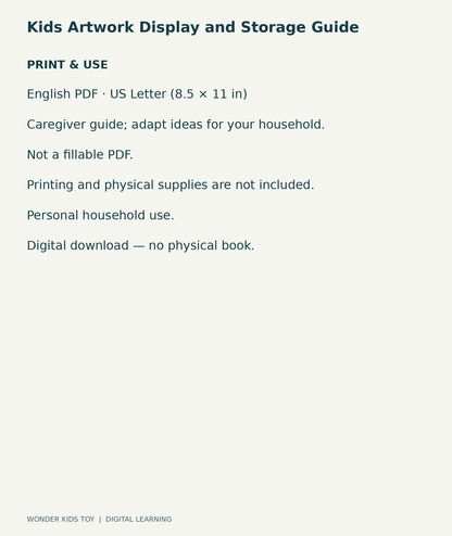 Kids Artwork Display and Storage Guide: US Letter English printable PDF and household-use details
