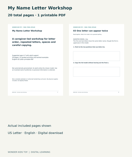 My Name Letter Workshop: actual included PDF cover and page 6, 20 total pages