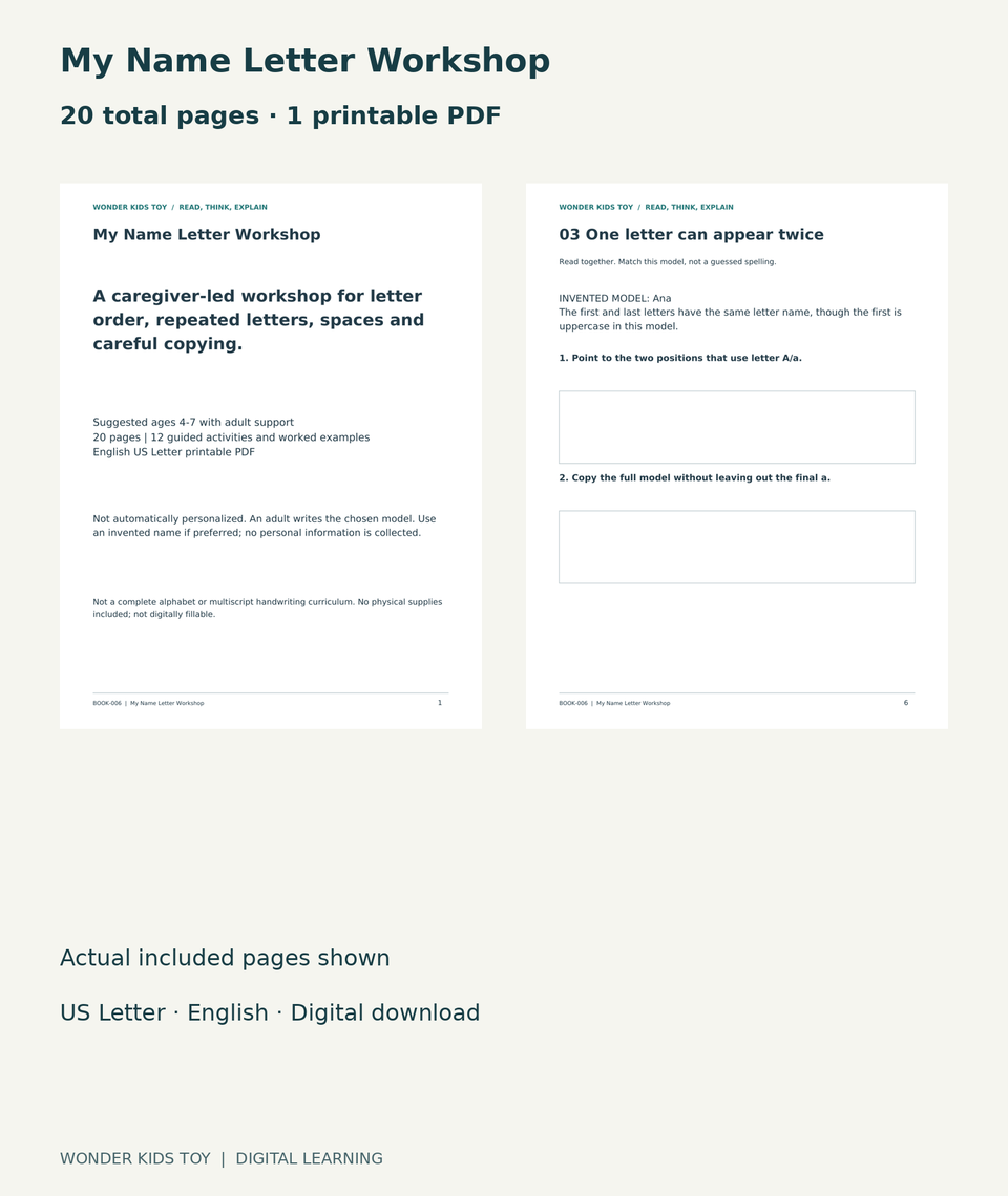 My Name Letter Workshop: actual included PDF cover and page 6, 20 total pages