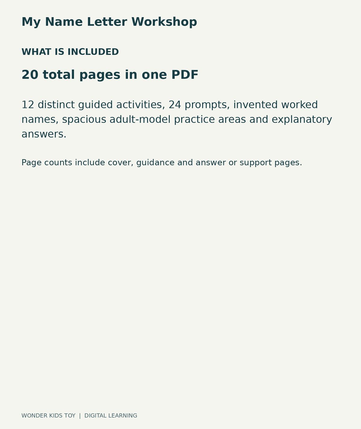 My Name Letter Workshop: contents overview, one PDF with 20 total pages