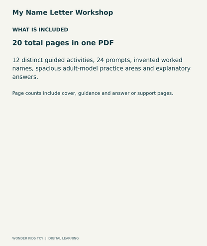 My Name Letter Workshop: contents overview, one PDF with 20 total pages