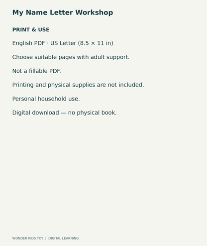 My Name Letter Workshop: US Letter English printable PDF and household-use details