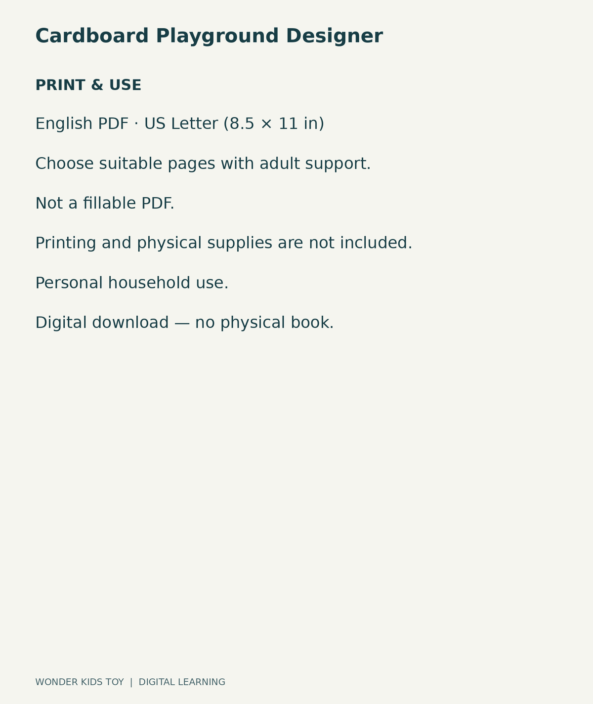 Cardboard Playground Designer: US Letter English printable PDF and household-use details