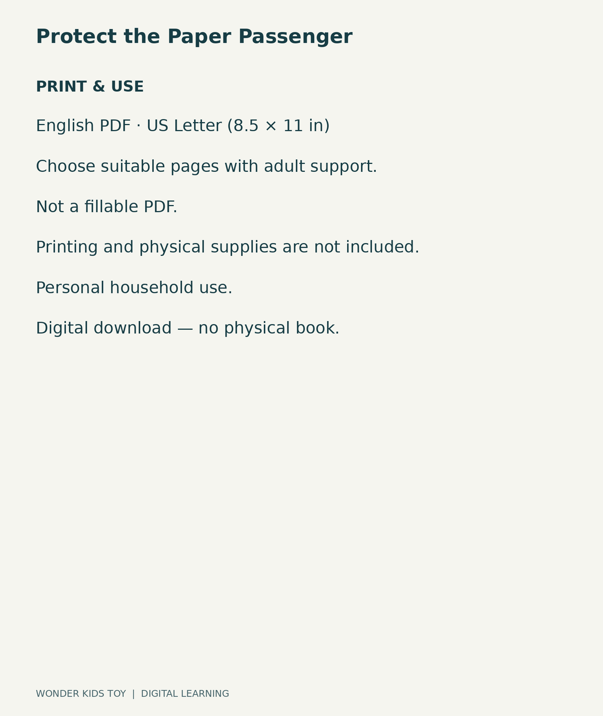 Protect the Paper Passenger: US Letter English printable PDF and household-use details