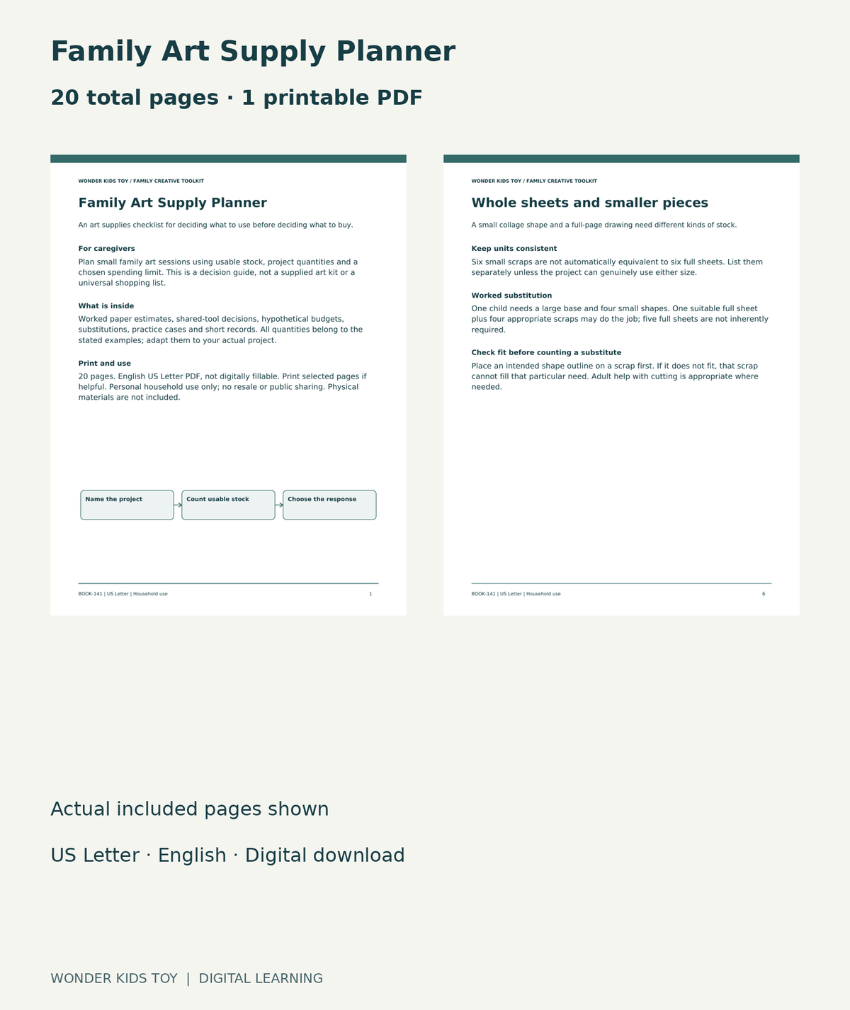 Family Art Supply Planner: actual included PDF cover and page 6, 20 total pages