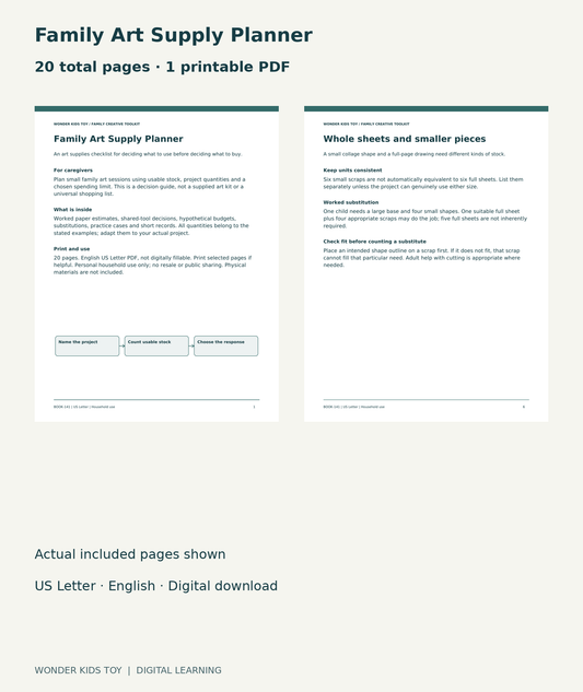 Family Art Supply Planner: actual included PDF cover and page 6, 20 total pages