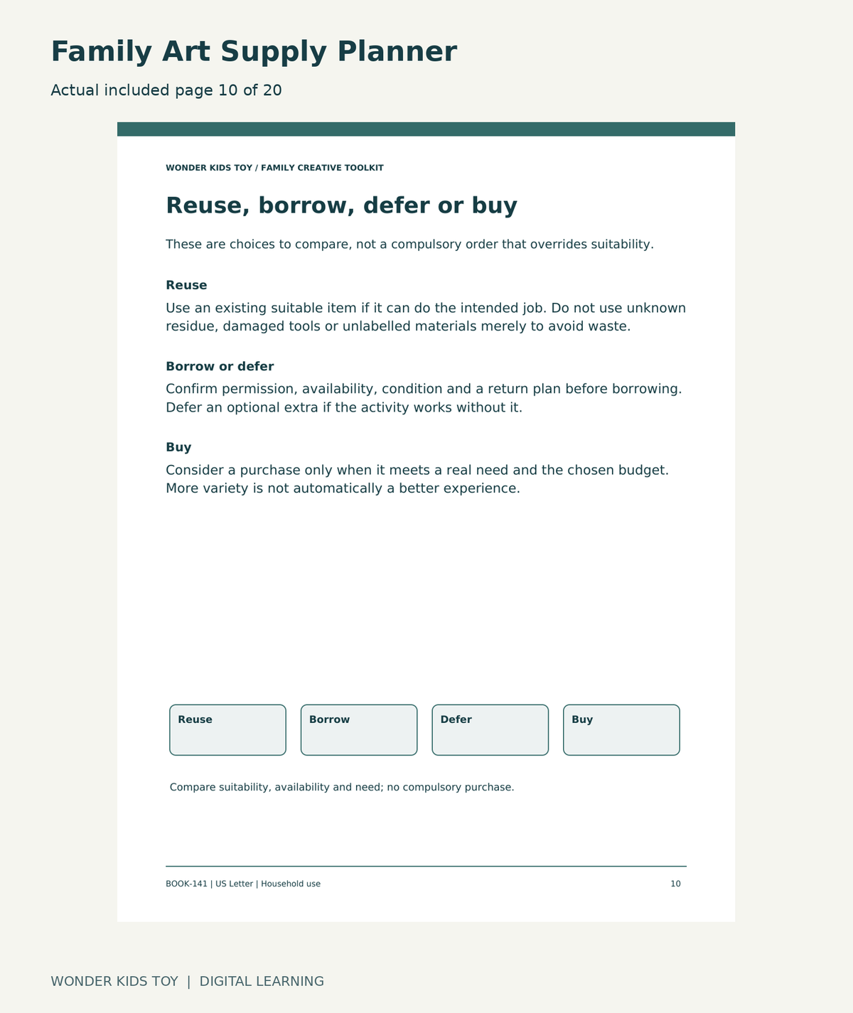 Family Art Supply Planner: actual included PDF page 10 of 20