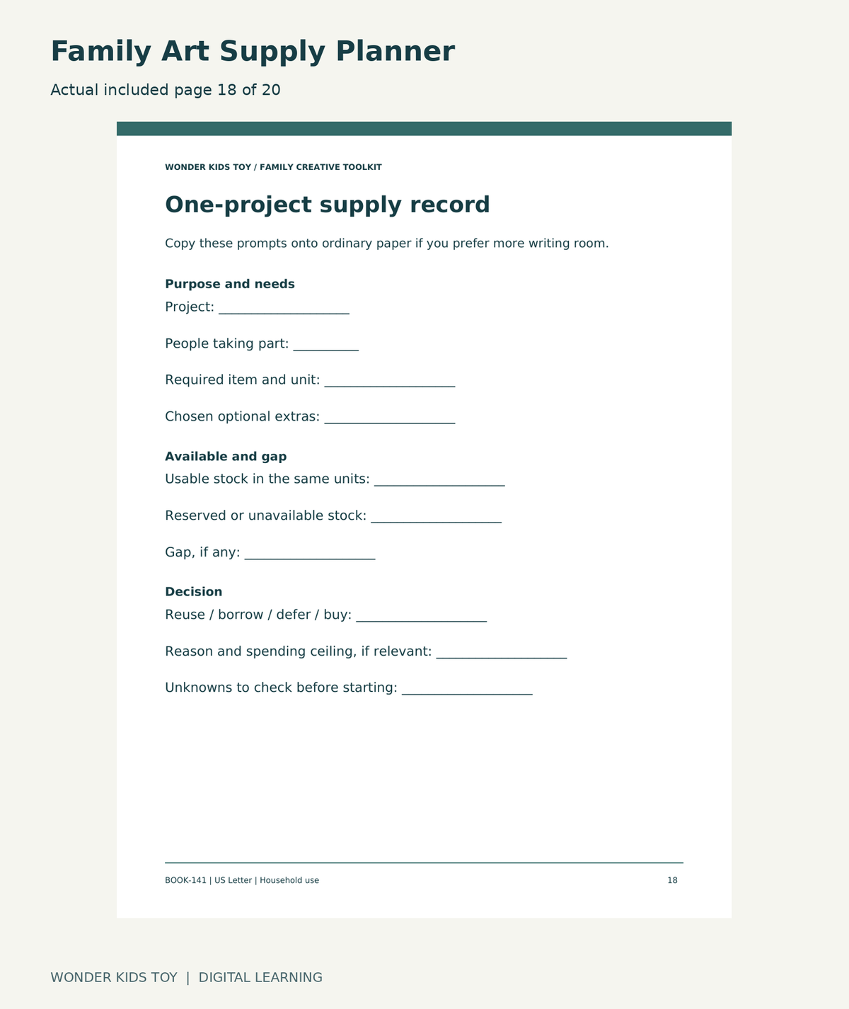 Family Art Supply Planner: actual included PDF page 18 of 20