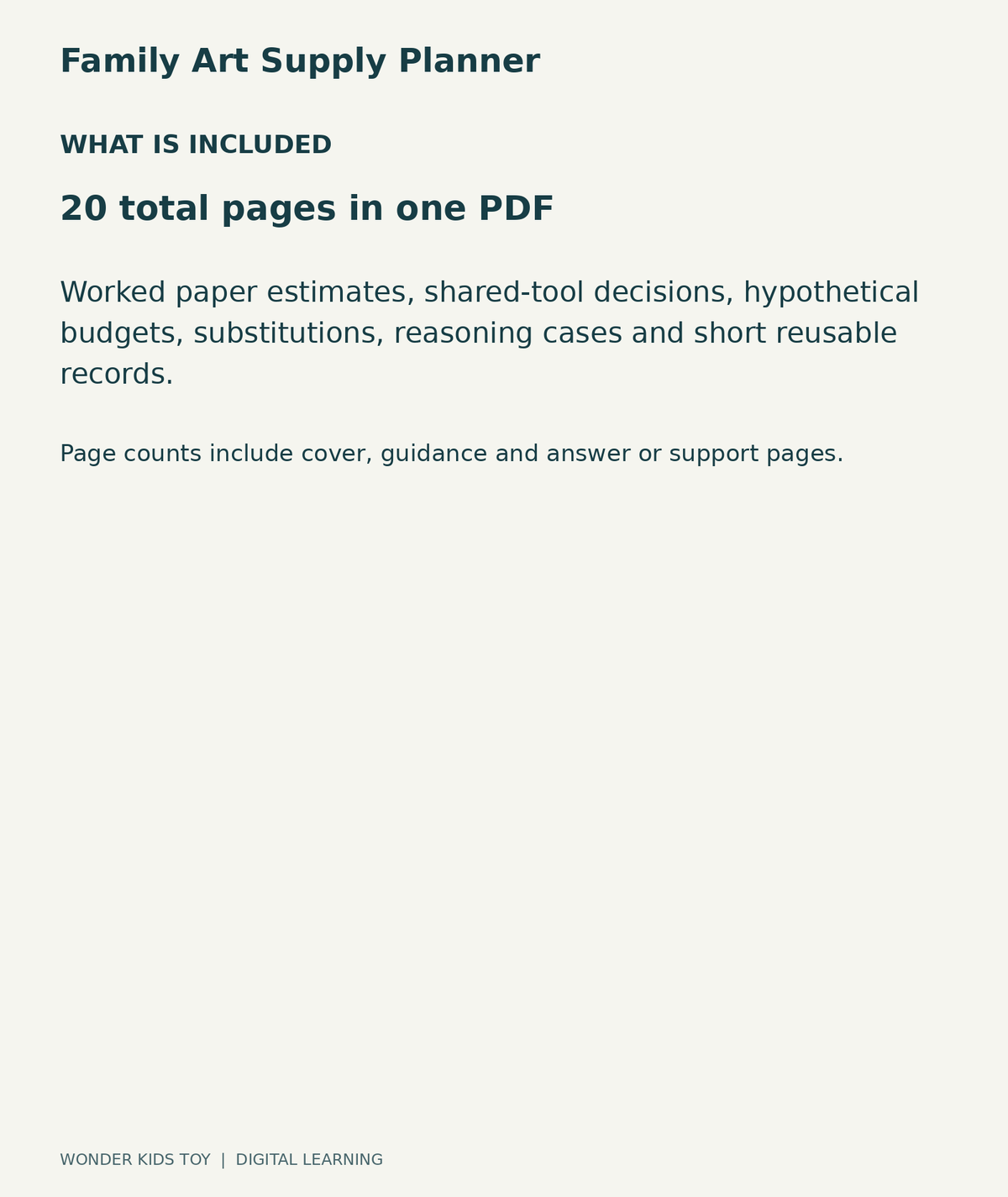Family Art Supply Planner: contents overview, one PDF with 20 total pages