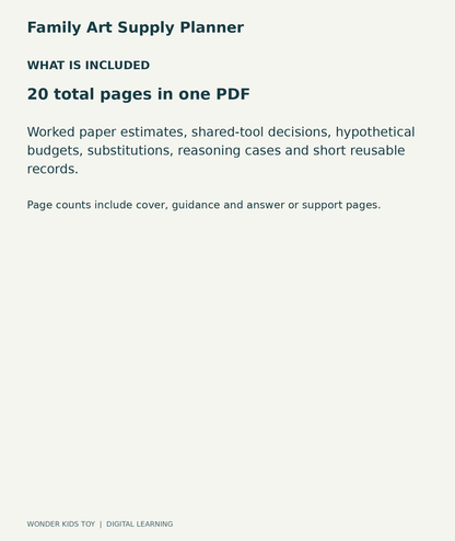 Family Art Supply Planner: contents overview, one PDF with 20 total pages