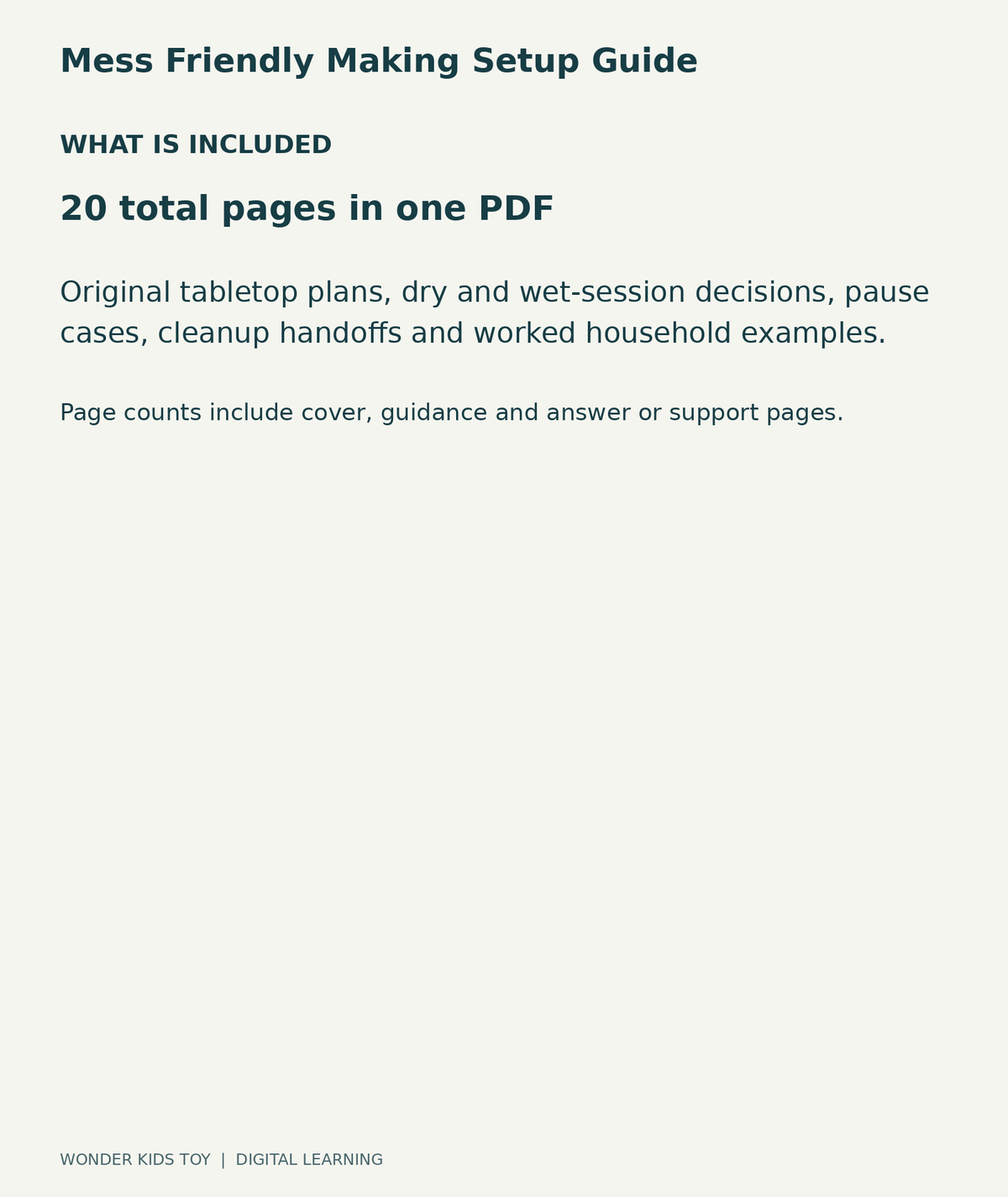 Mess Friendly Making Setup Guide: contents overview, one PDF with 20 total pages