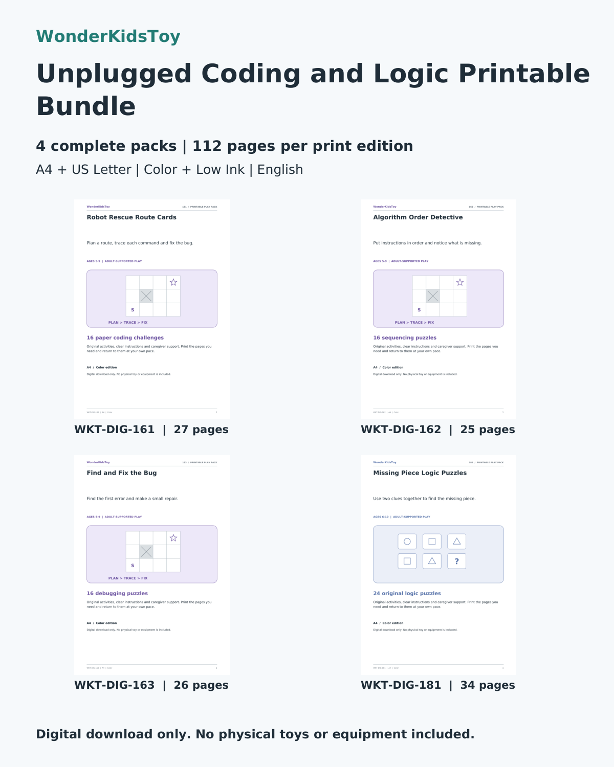 Unplugged Coding and Logic Printable Bundle: printable PDF bundle cover showing its four included packs