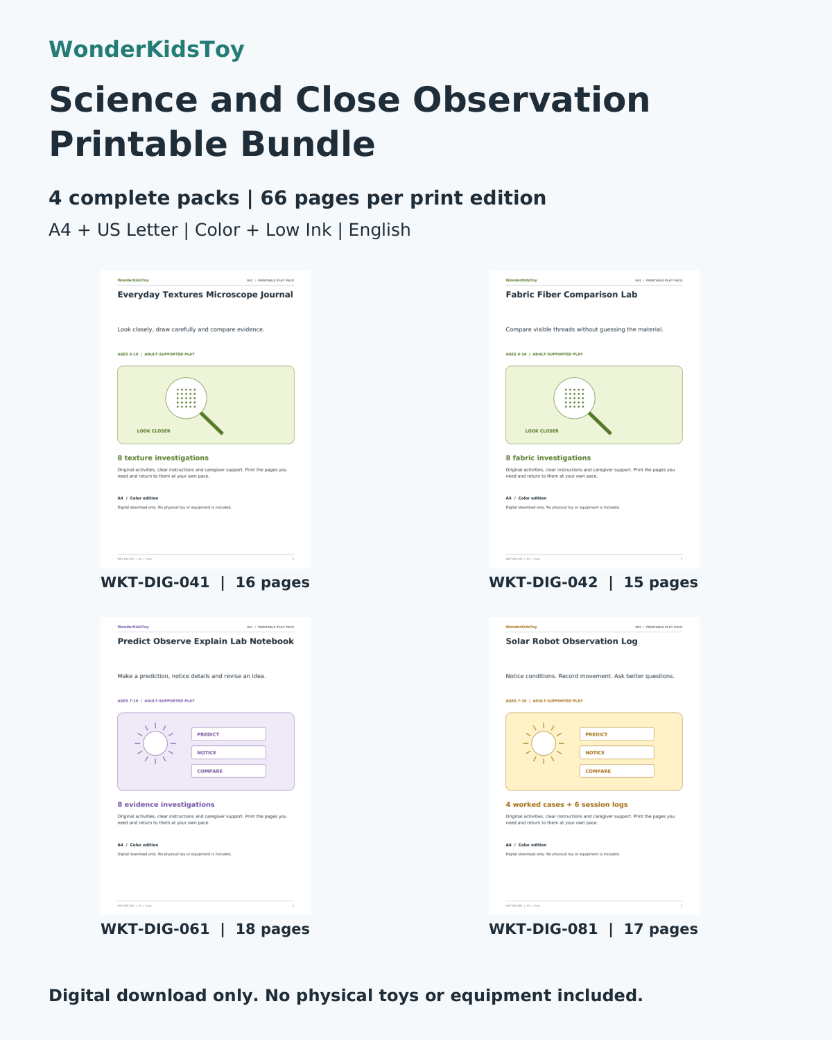 Science and Close Observation Printable Bundle: printable PDF bundle cover showing its four included packs