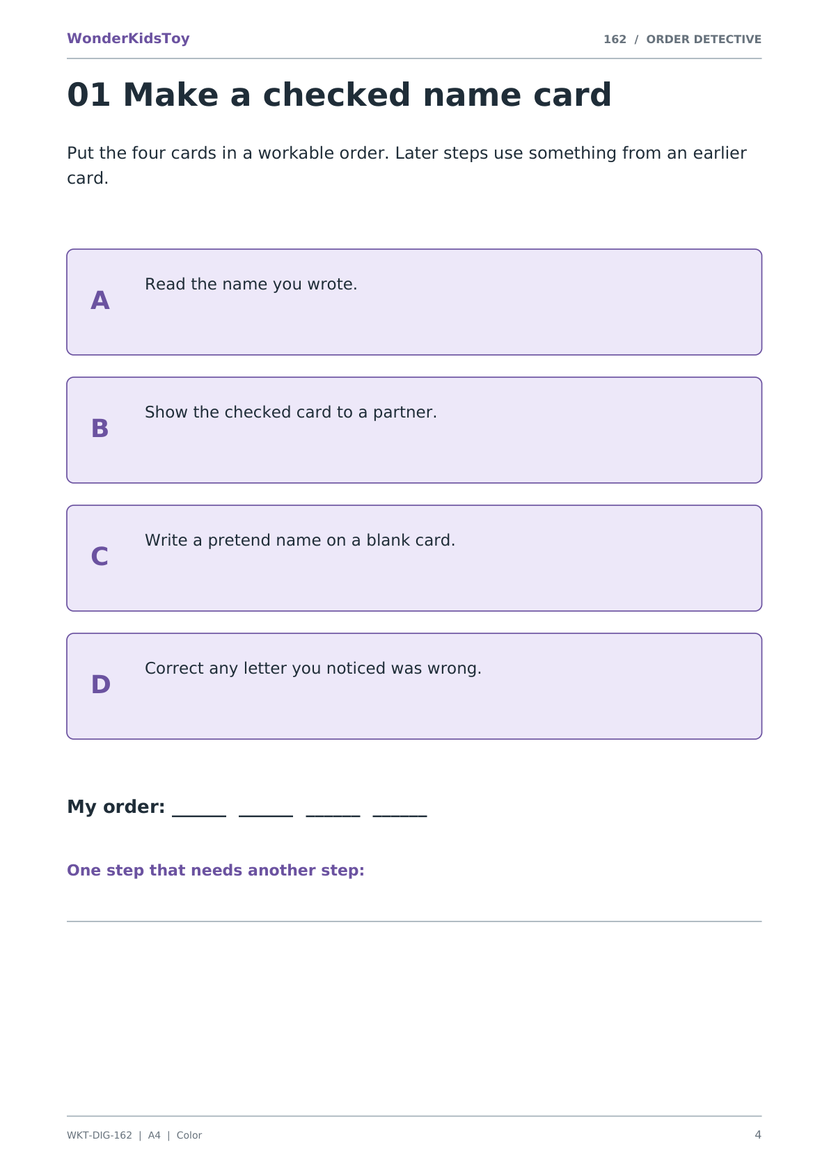 Real interior preview: Algorithm Order Detective, Make a checked name card.