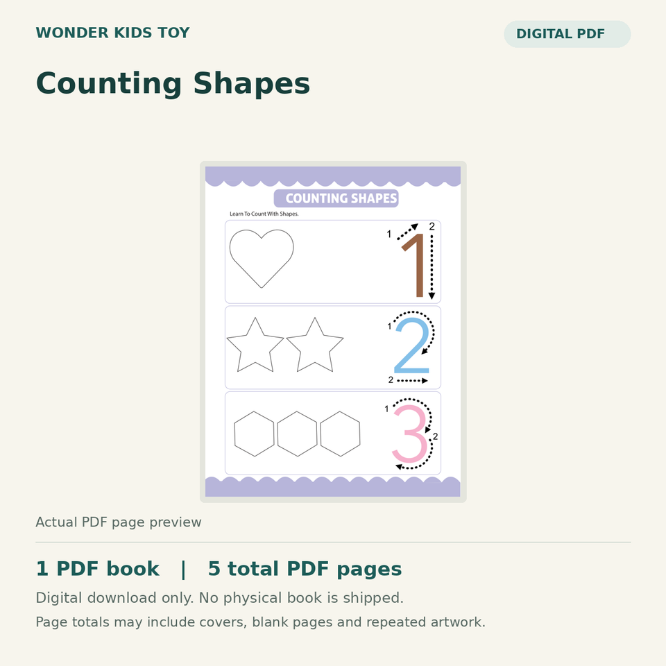 Counting Shapes printable PDF preview: 5 PDF pages for counting practice