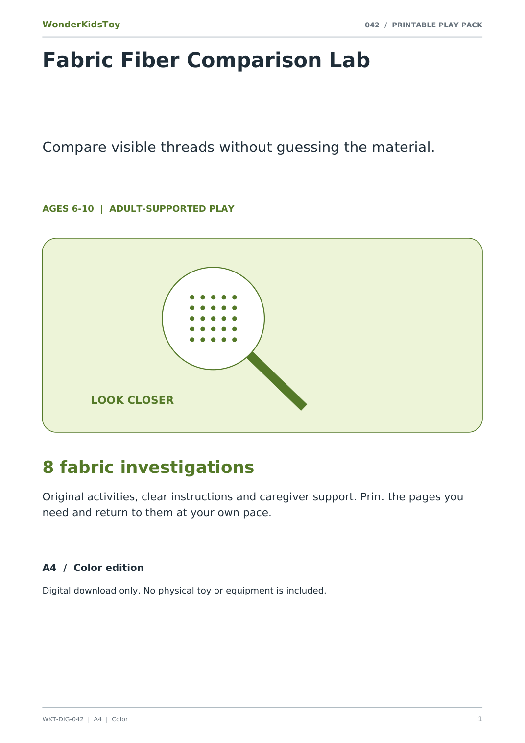 Fabric Fiber Comparison Lab: printable PDF activity pack cover
