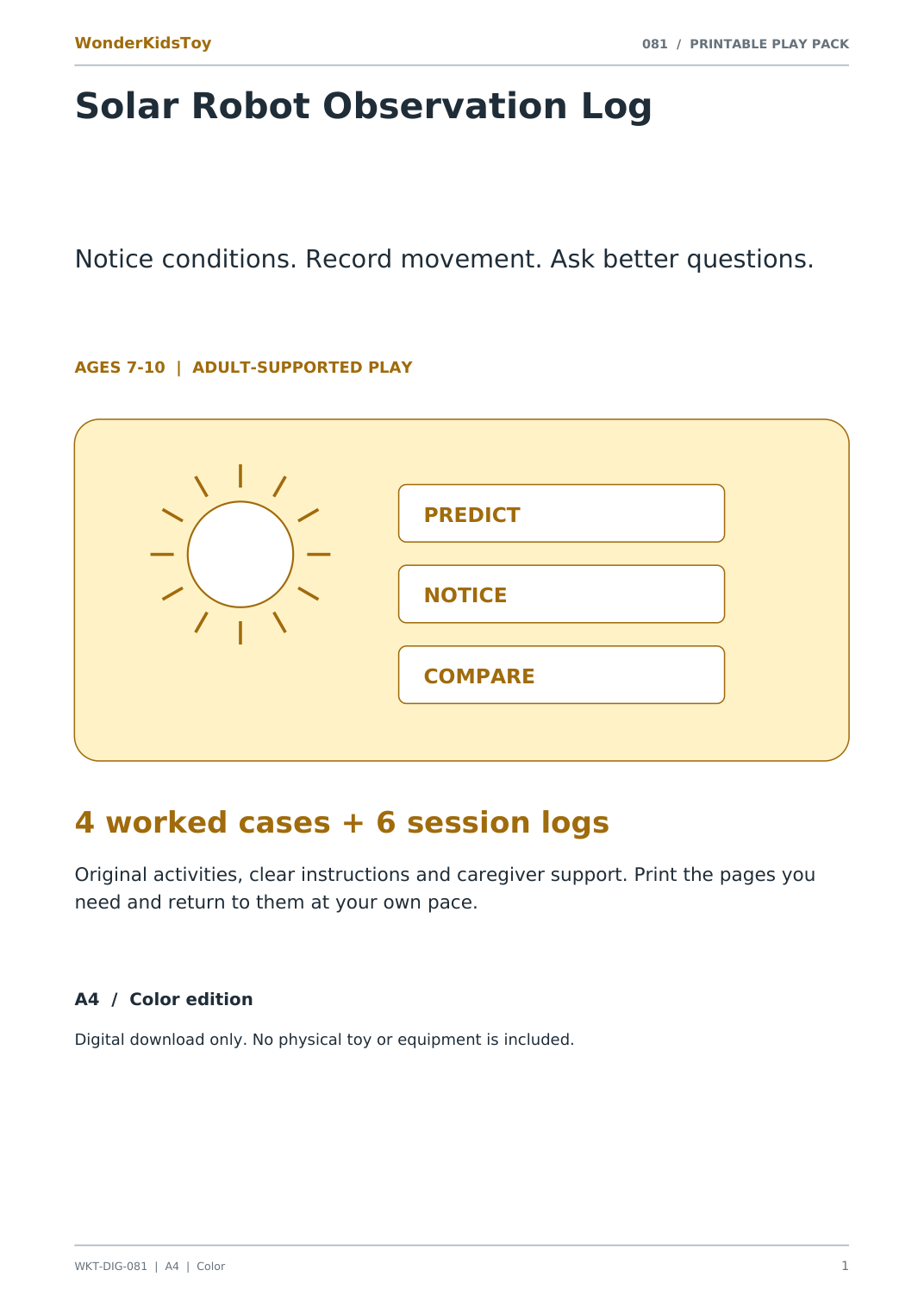 Solar Robot Observation Log: printable PDF activity pack cover