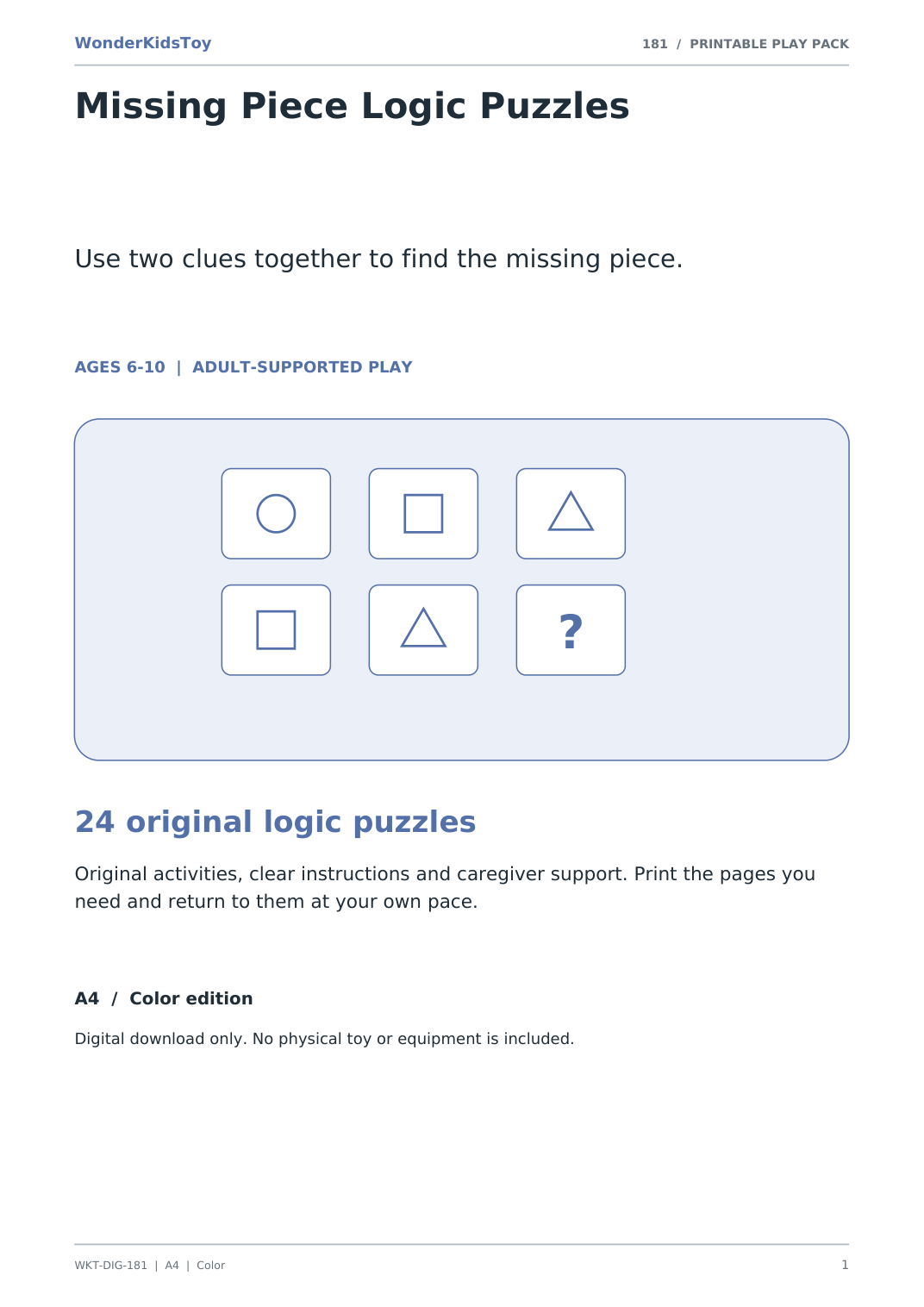 Missing Piece Logic Puzzles: printable PDF activity pack cover