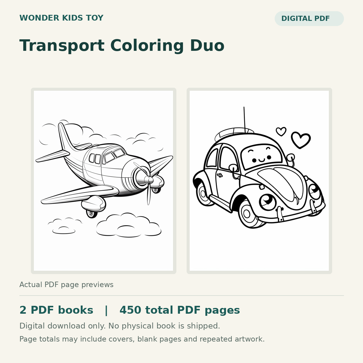 Transport Coloring Duo: actual PDF page previews, 2 PDF books, 450 total PDF pages. Digital download only.