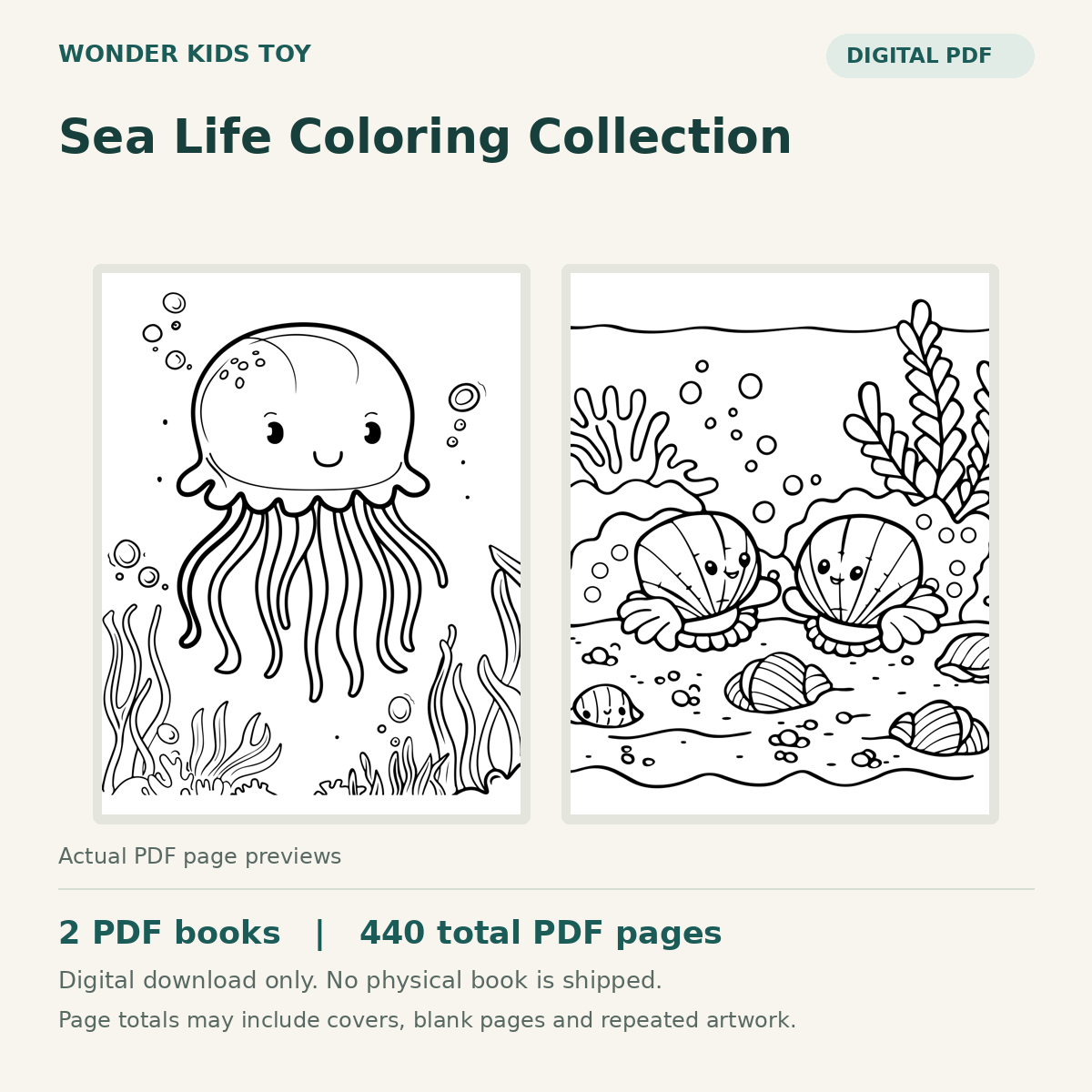 Sea Life Coloring Collection: actual PDF page previews, 2 PDF books, 440 total PDF pages. Digital download only.