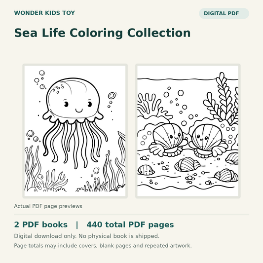 Sea Life Coloring Collection: actual PDF page previews, 2 PDF books, 440 total PDF pages. Digital download only.