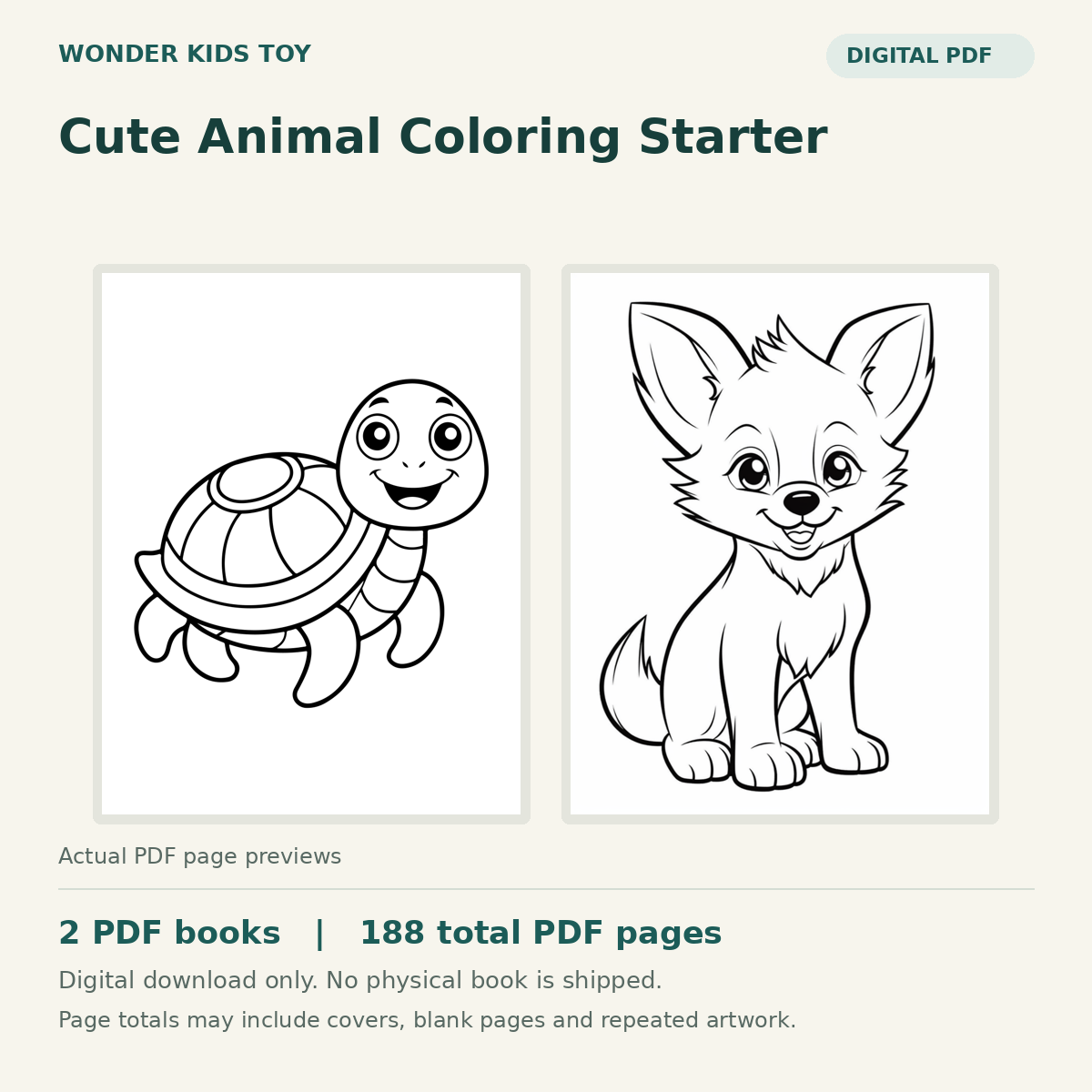 Cute Animal Coloring Starter: actual PDF page previews, 2 PDF books, 188 total PDF pages. Digital download only.