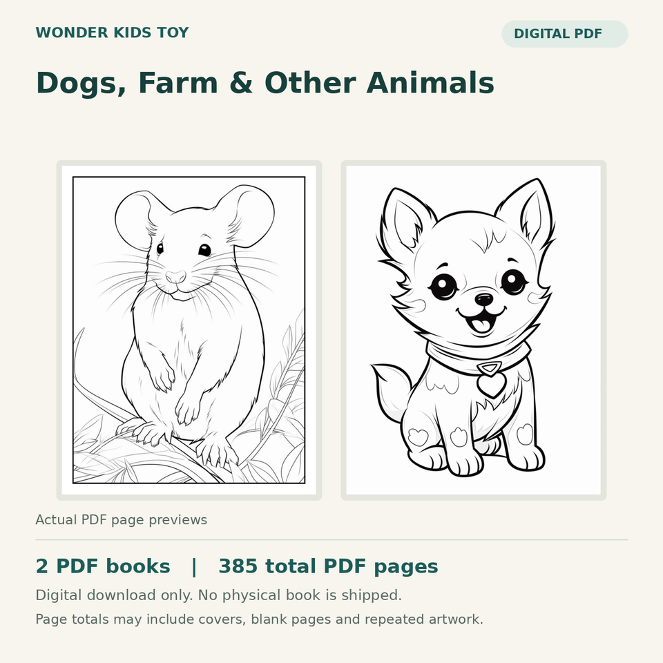 Dogs, Farm & Other Animals: actual PDF page previews, 2 PDF books, 385 total PDF pages. Digital download only.