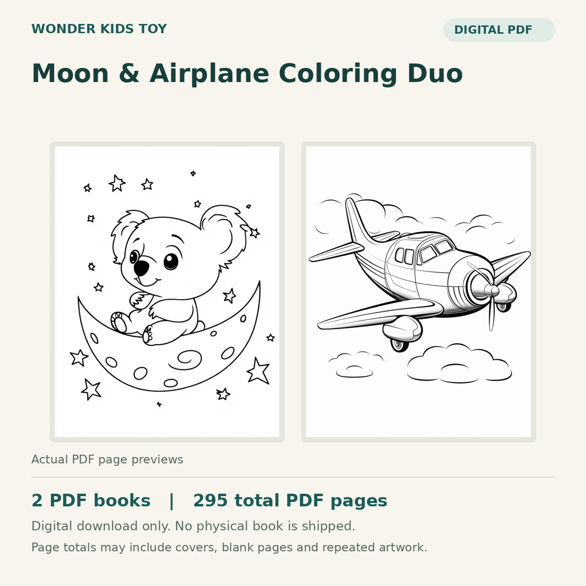 Moon & Airplane Coloring Duo: actual PDF page previews, 2 PDF books, 295 total PDF pages. Digital download only.