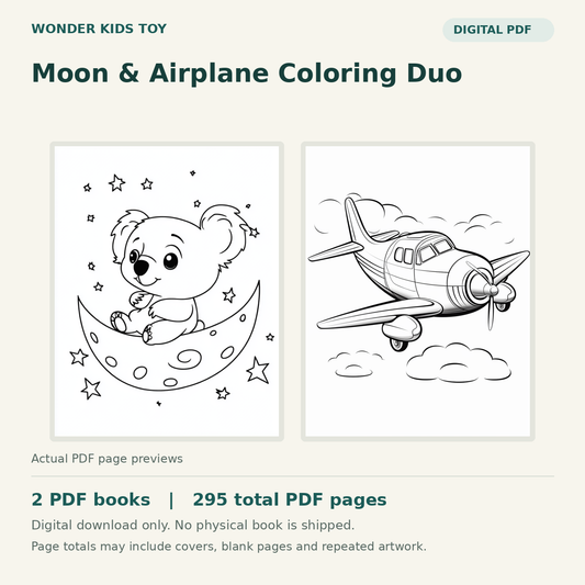 Moon & Airplane Coloring Duo: actual PDF page previews, 2 PDF books, 295 total PDF pages. Digital download only.
