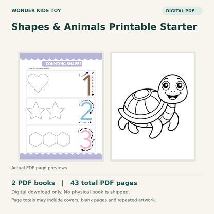 Shapes & Animals Printable Starter: actual PDF page previews, 2 PDF books, 43 total PDF pages. Digital download only.