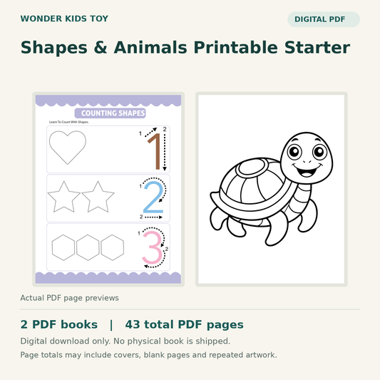 Shapes & Animals Printable Starter: actual PDF page previews, 2 PDF books, 43 total PDF pages. Digital download only.