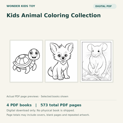 Kids Animal Coloring Collection: actual PDF page previews, 4 PDF books, 573 total PDF pages. Digital download only.