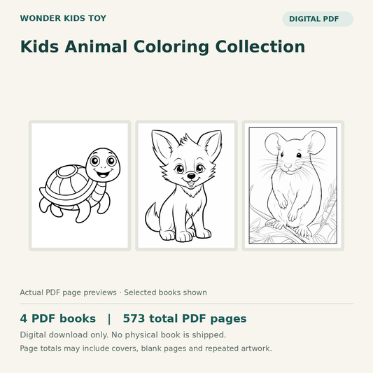 Kids Animal Coloring Collection: actual PDF page previews, 4 PDF books, 573 total PDF pages. Digital download only.