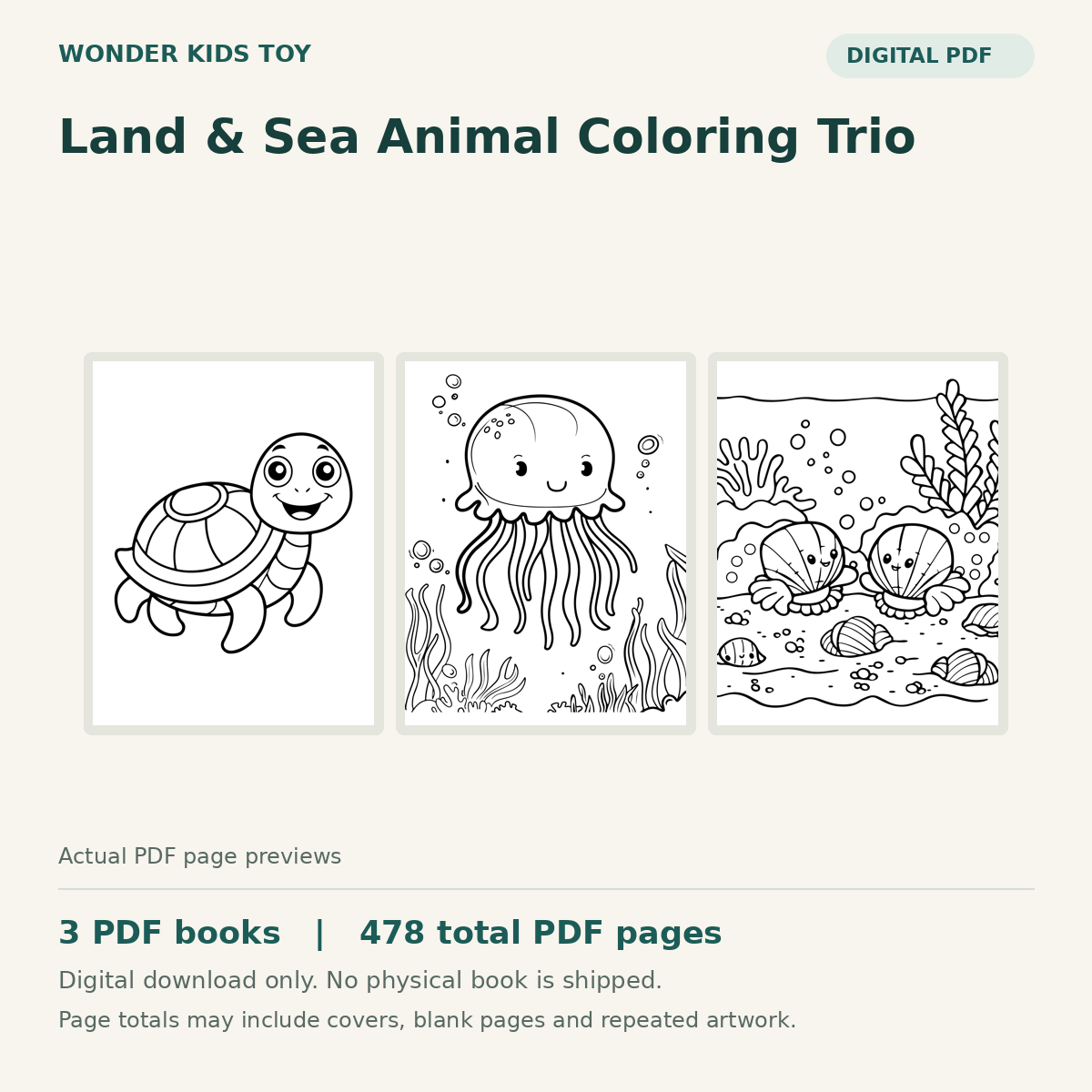 Land & Sea Animal Coloring Trio: actual PDF page previews, 3 PDF books, 478 total PDF pages. Digital download only.