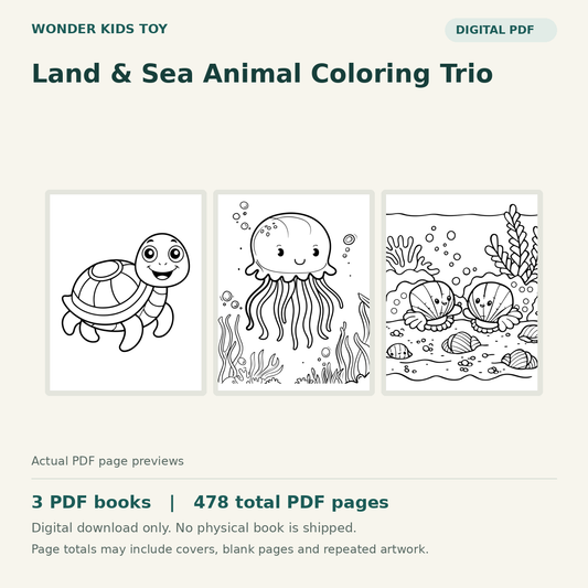 Land & Sea Animal Coloring Trio: actual PDF page previews, 3 PDF books, 478 total PDF pages. Digital download only.