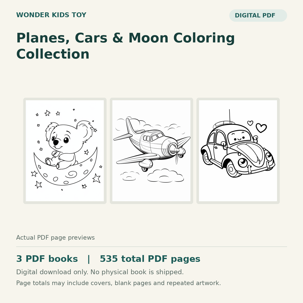 Planes, Cars & Moon Coloring Collection: actual PDF page previews, 3 PDF books, 535 total PDF pages. Digital download only.