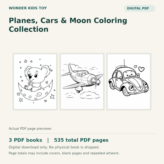 Planes, Cars & Moon Coloring Collection: actual PDF page previews, 3 PDF books, 535 total PDF pages. Digital download only.
