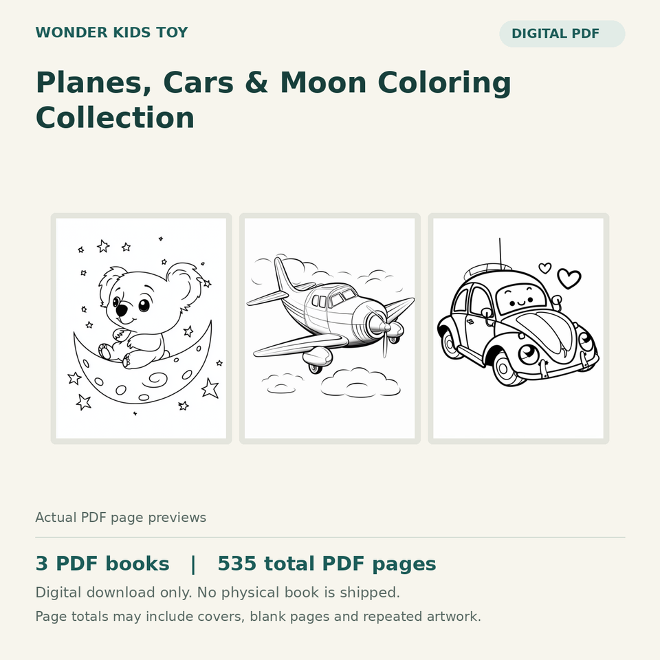 Planes, Cars & Moon Coloring Collection: actual PDF page previews, 3 PDF books, 535 total PDF pages. Digital download only.