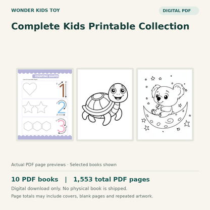 Complete Kids Printable Collection: actual PDF page previews, 10 PDF books, 1553 total PDF pages. Digital download only.