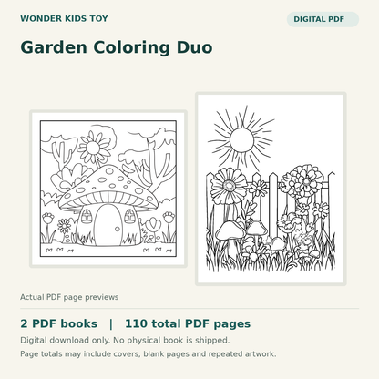 Garden Coloring Duo: actual PDF page previews, 2 PDF books, 110 total PDF pages. Digital download only.