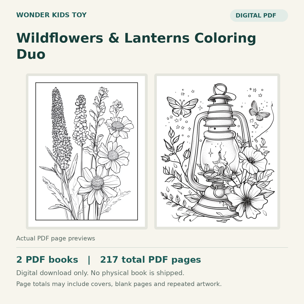 Wildflowers & Lanterns Coloring Duo: actual PDF page previews, 2 PDF books, 217 total PDF pages. Digital download only.