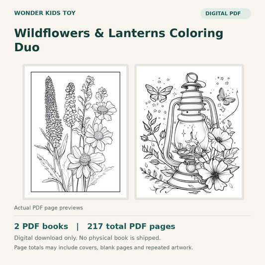 Wildflowers & Lanterns Coloring Duo: actual PDF page previews, 2 PDF books, 217 total PDF pages. Digital download only.