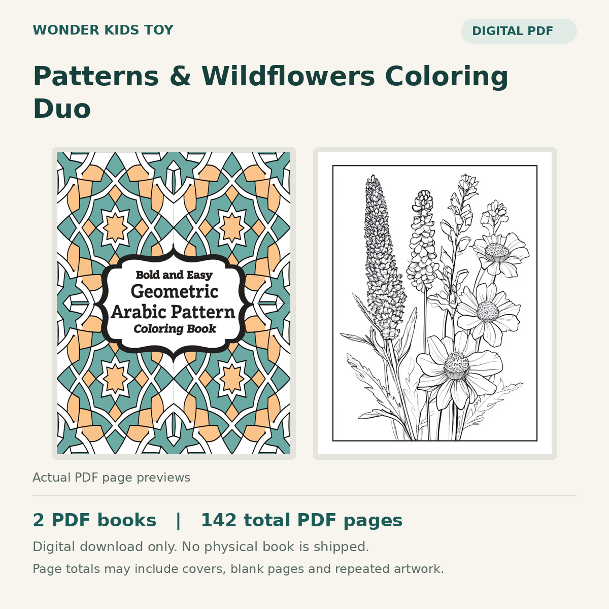 Patterns & Wildflowers Coloring Duo: actual PDF page previews, 2 PDF books, 142 total PDF pages. Digital download only.